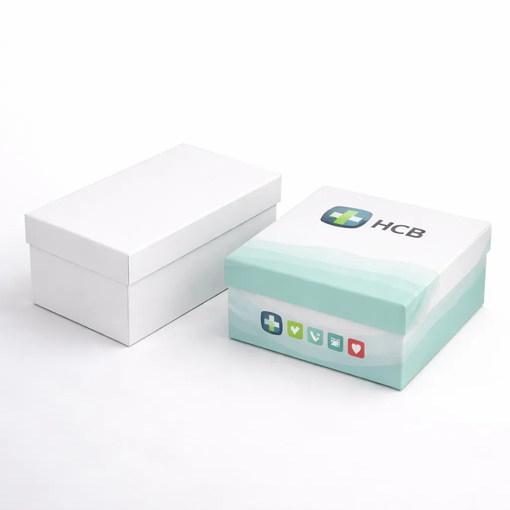 Two-piece rigid gift boxes with lids, featuring a minimalist white design and a branded teal version. class=